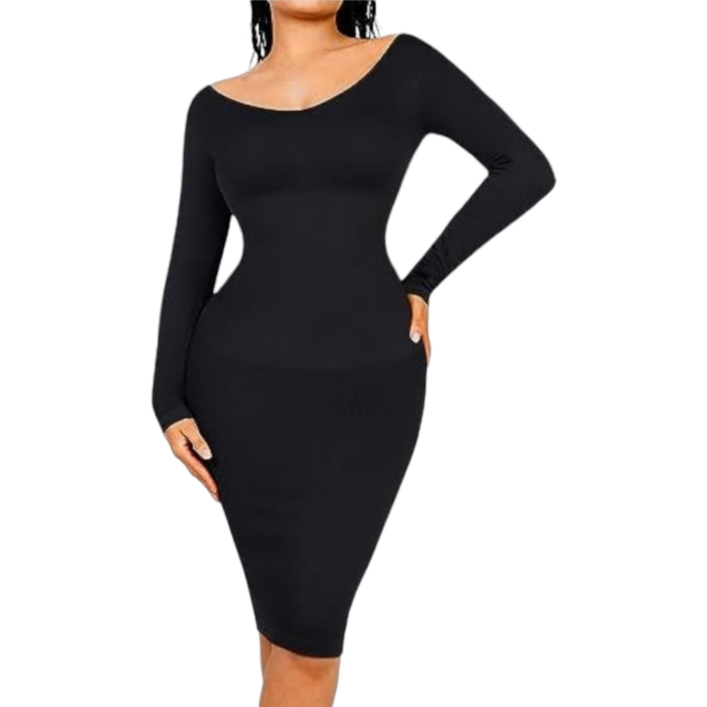 NWT Women's M Long Sleeve Retro Bodycon Shapewear Dress Square Up Midi NW Black